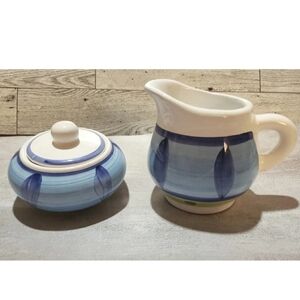 Caleca Hand Painted Italy Blue Moon Creamer Lidded Sugar Set Blue Green